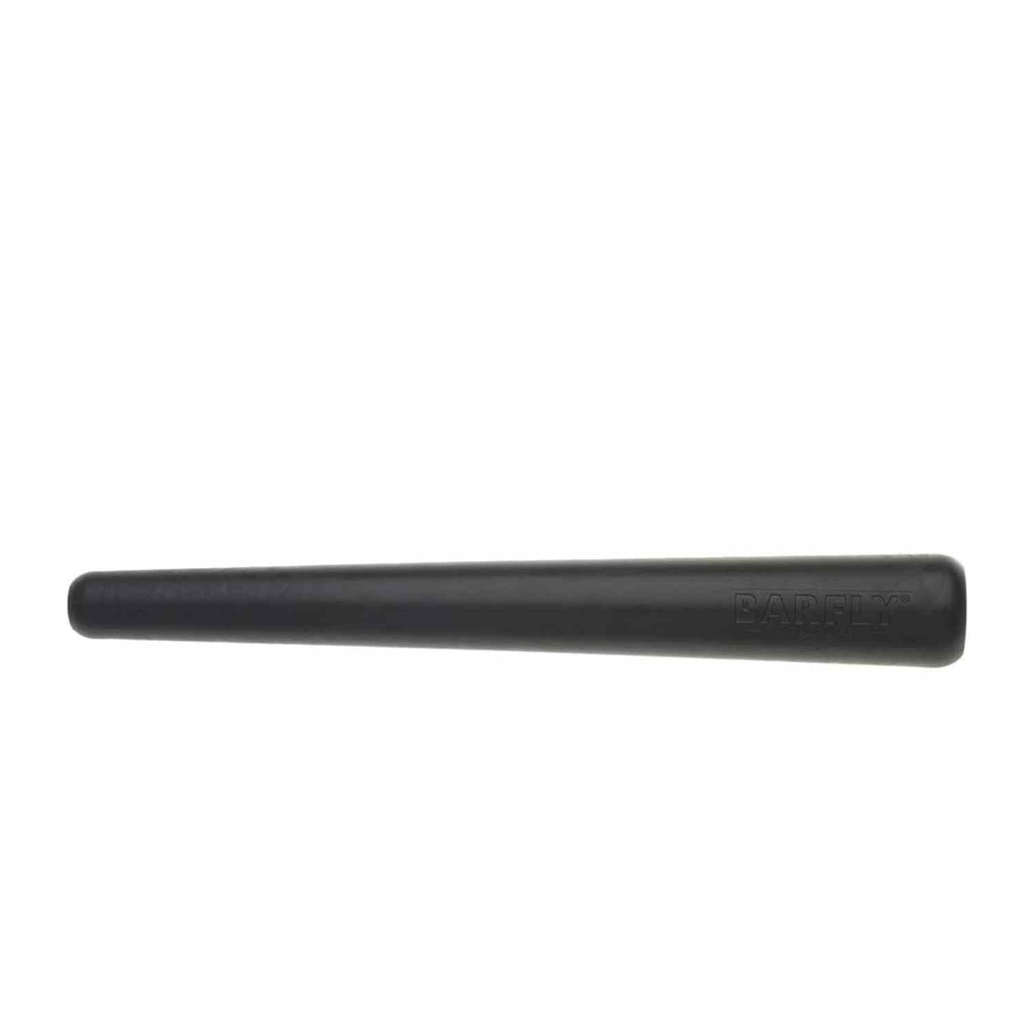 A 12-inch long, black composite bar muddler by Barfly, with a rounded base and a smooth handle on a white background
