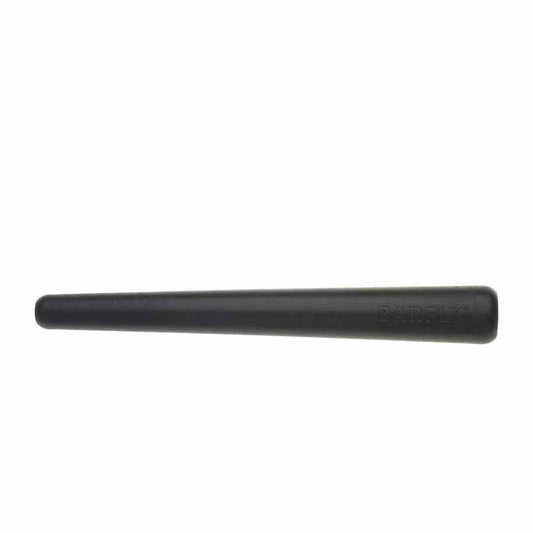 A 12-inch long, black composite bar muddler by Barfly, with a rounded base and a smooth handle on a white background