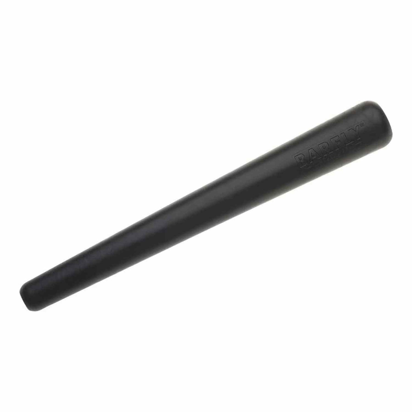 A 12-inch long, black composite bar muddler by Barfly, with a rounded base and a smooth handle on a white background