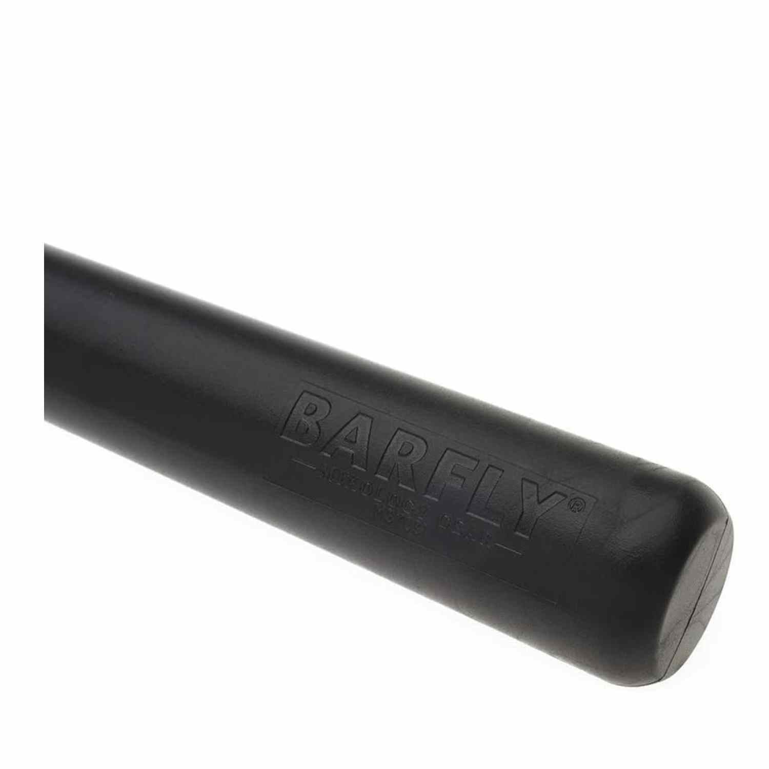 A close-up of the 12-inch long, black composite bar muddler by Barfly, with a rounded base and a smooth handle on a white background
