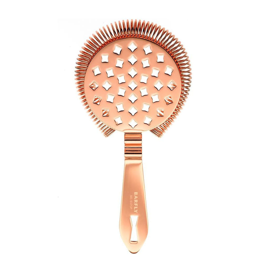 A Copper Plated Barfly Classic Hawthorne Spring Bar Strainer on a white background