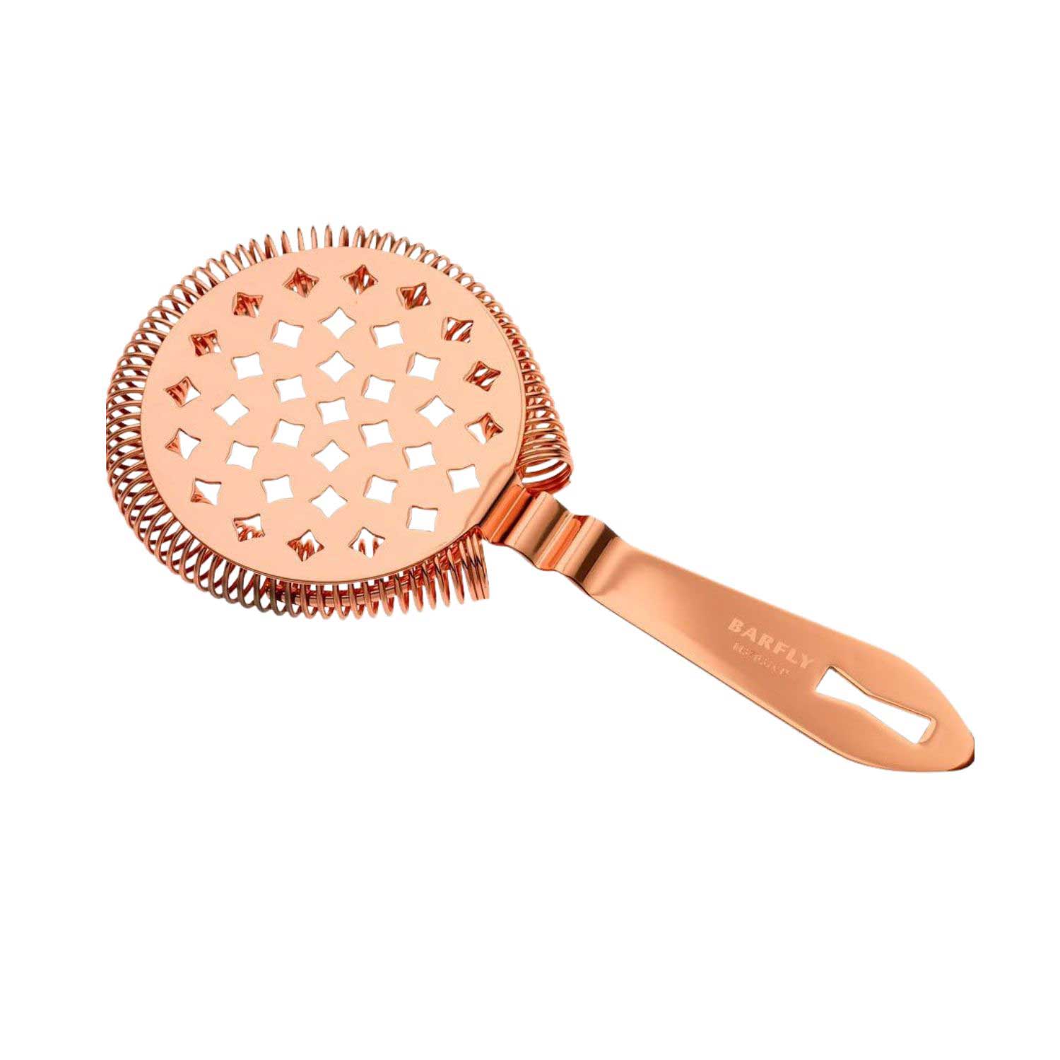 A Copper Plated Barfly Classic Hawthorne Spring Bar Strainer on a white background