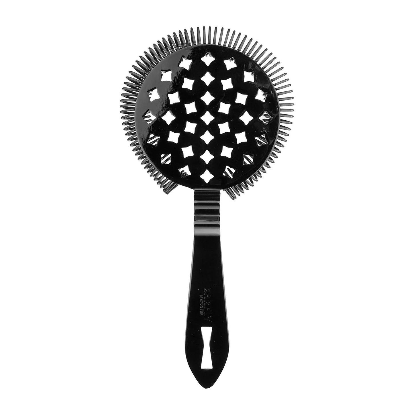 A Gun Metal Black colored Barfly Classic Hawthorne Spring Bar Strainer on a white background