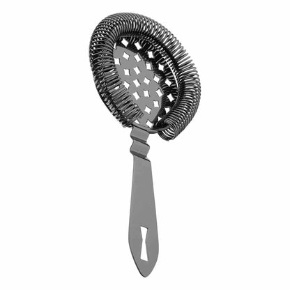 A Gun Metal Black colored Barfly Classic Hawthorne Spring Bar Strainer on a white background