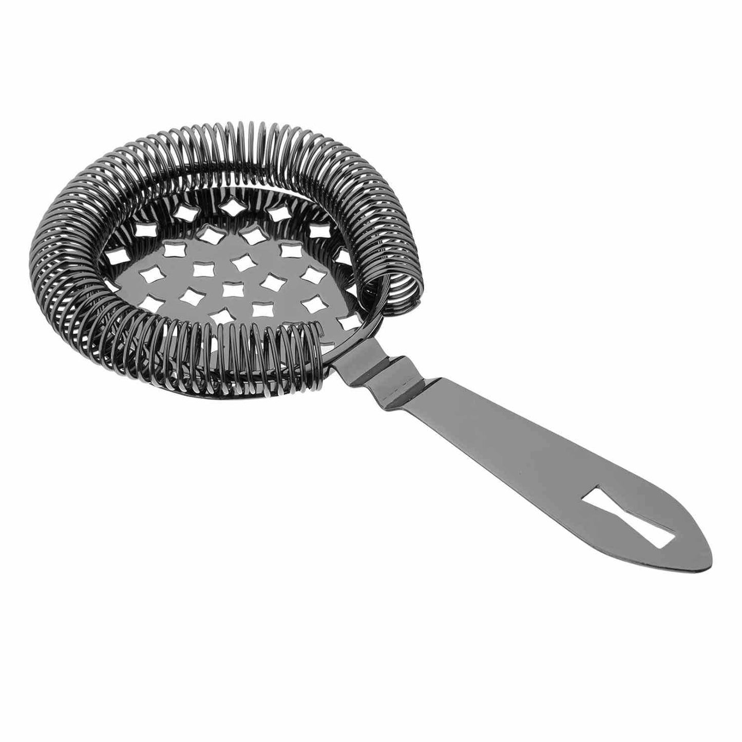 A Gun Metal Black colored Barfly Classic Hawthorne Spring Bar Strainer on a white background
