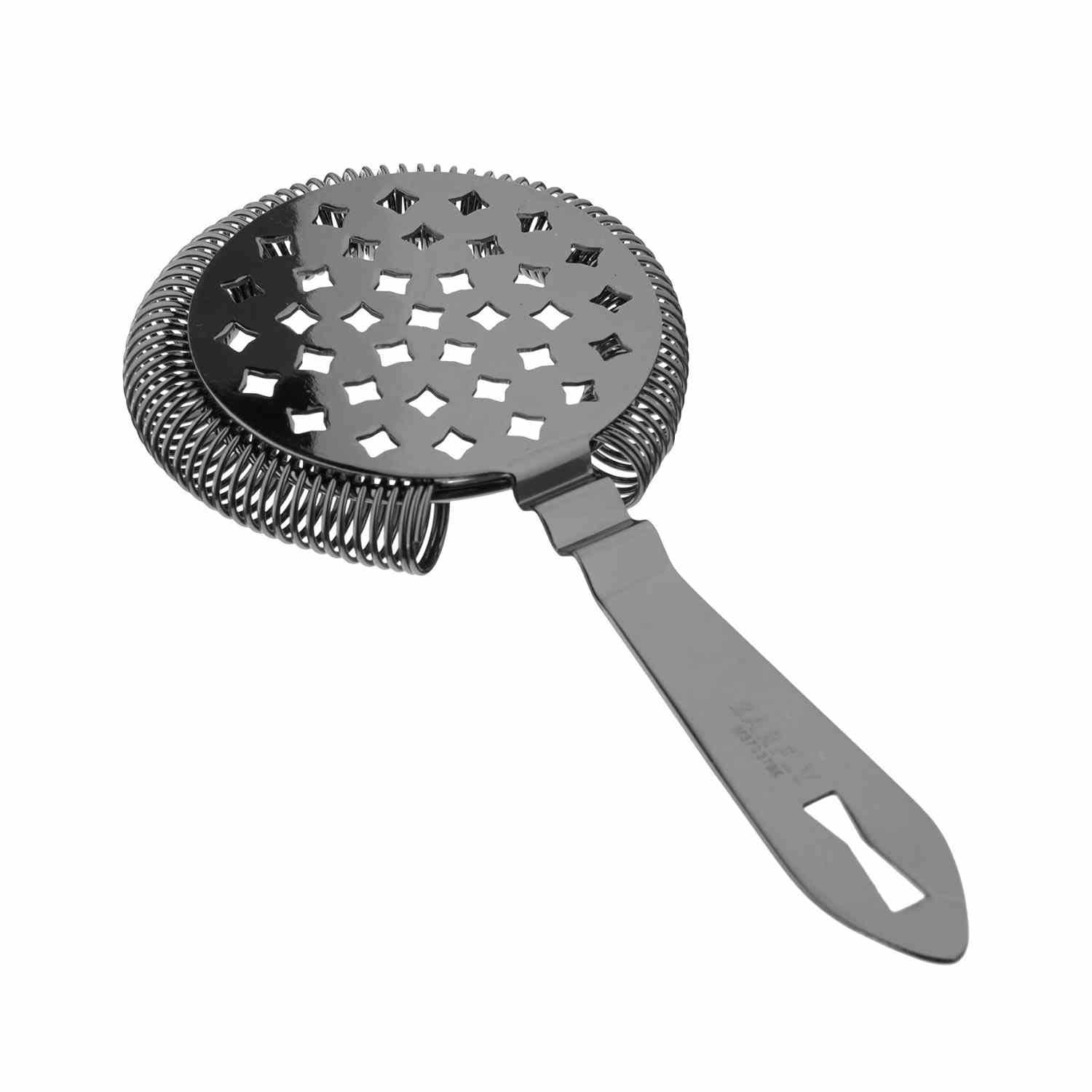 A Gun Metal Black colored Barfly Classic Hawthorne Spring Bar Strainer on a white background