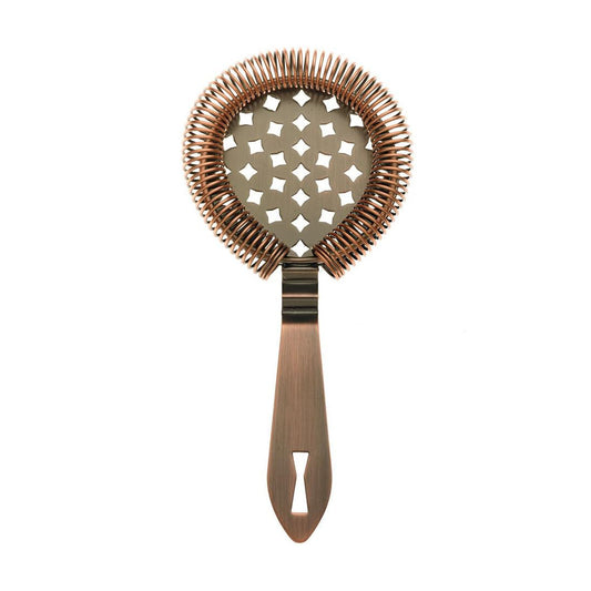 An Antique Copper Barfly Classic Hawthorne Spring Bar Strainer on a white background