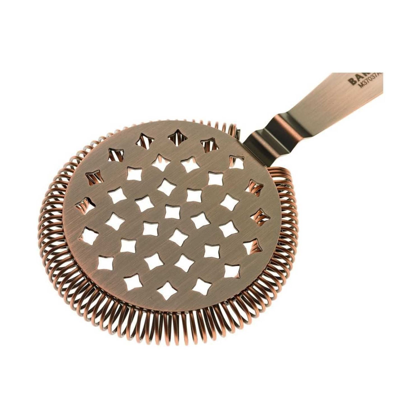 An Antique Copper Barfly Classic Hawthorne Spring Bar Strainer on a white background