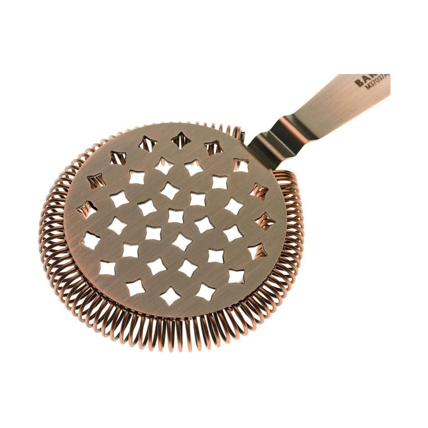 An Antique Copper Barfly Classic Hawthorne Spring Bar Strainer on a white background
