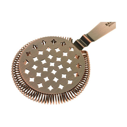 An Antique Copper Barfly Classic Hawthorne Spring Bar Strainer on a white background
