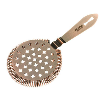 An Antique Copper Barfly Classic Hawthorne Spring Bar Strainer on a white background