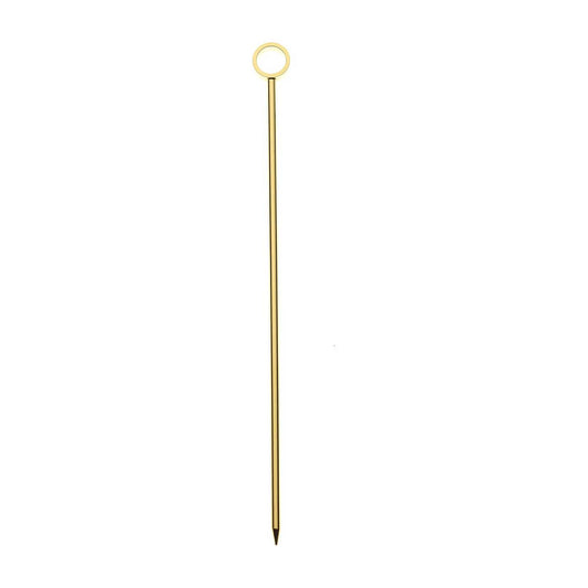 A 4.5 inch Gold Plated Barfly Cocktail Pick, with a Circle top on a white background.