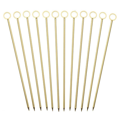 The 12-set of a 4.5 inch Gold Plated Barfly Cocktail Pick, with a Circle top on a white background.