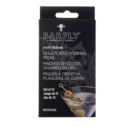 The front of a product box of the 4.5 inch Gold Plated Barfly Cocktail Pick, with a Circle top on a white background.