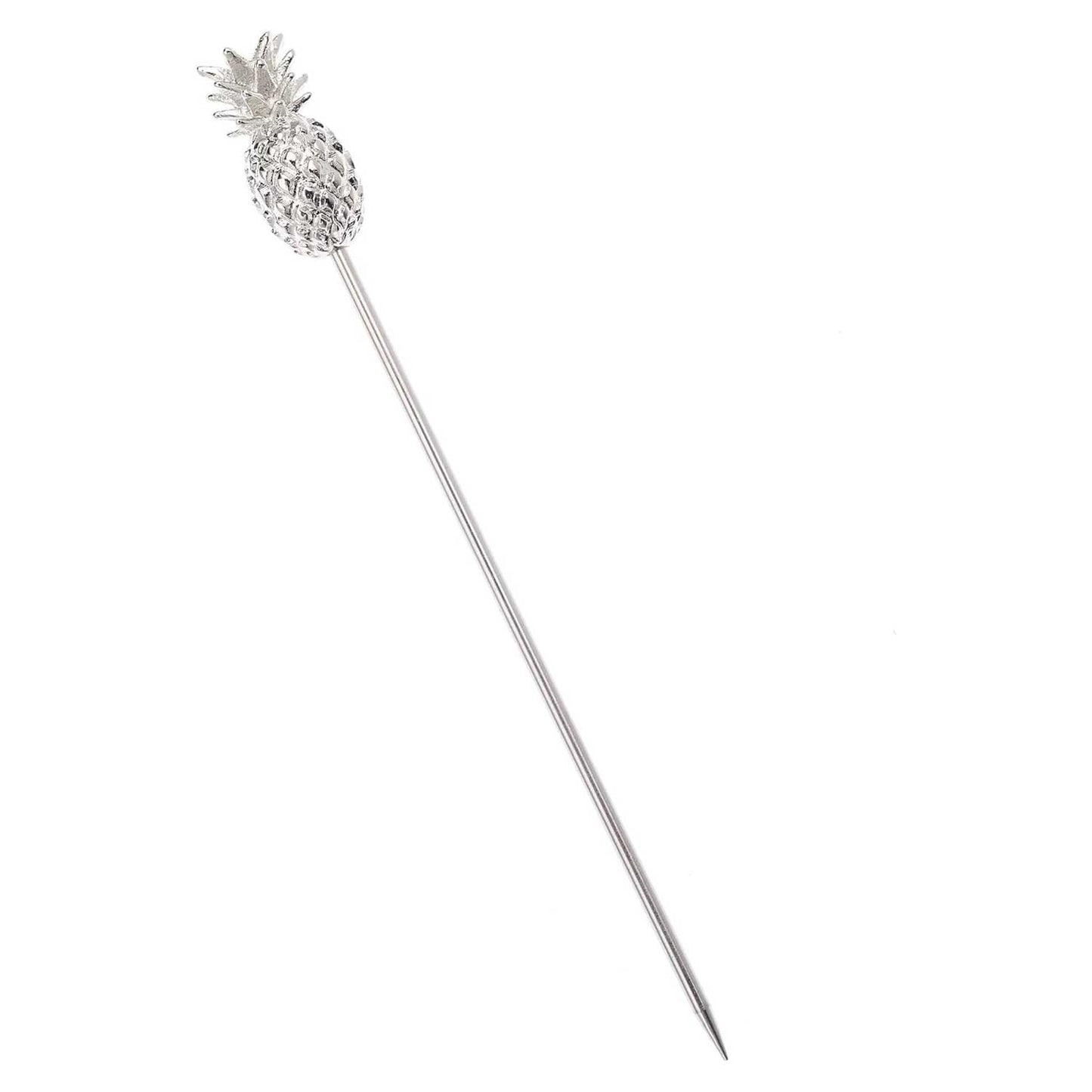 A 4.5 inch Stainless Steel Barfly Cocktail Pick, with a Pineapple on the end on a white background.