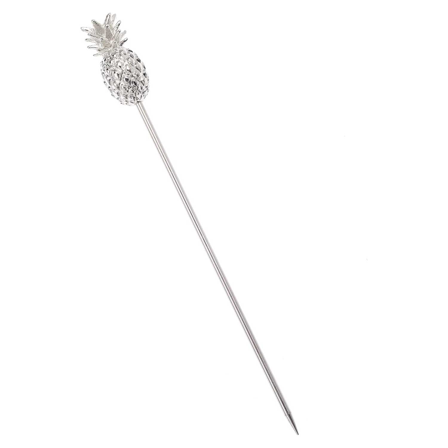A 4.5 inch Stainless Steel Barfly Cocktail Pick, with a Pineapple on the end on a white background.