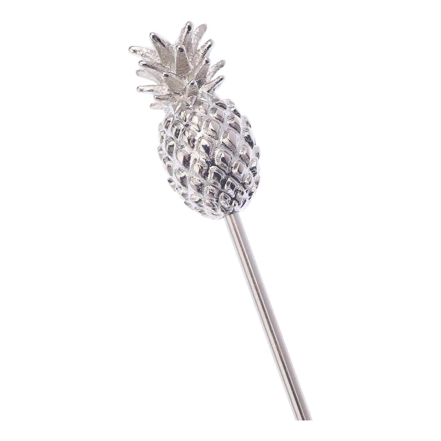 a close-up of the 4.5 inch Stainless Steel Barfly Cocktail Pick, with a Pineapple on the end on a white background.
