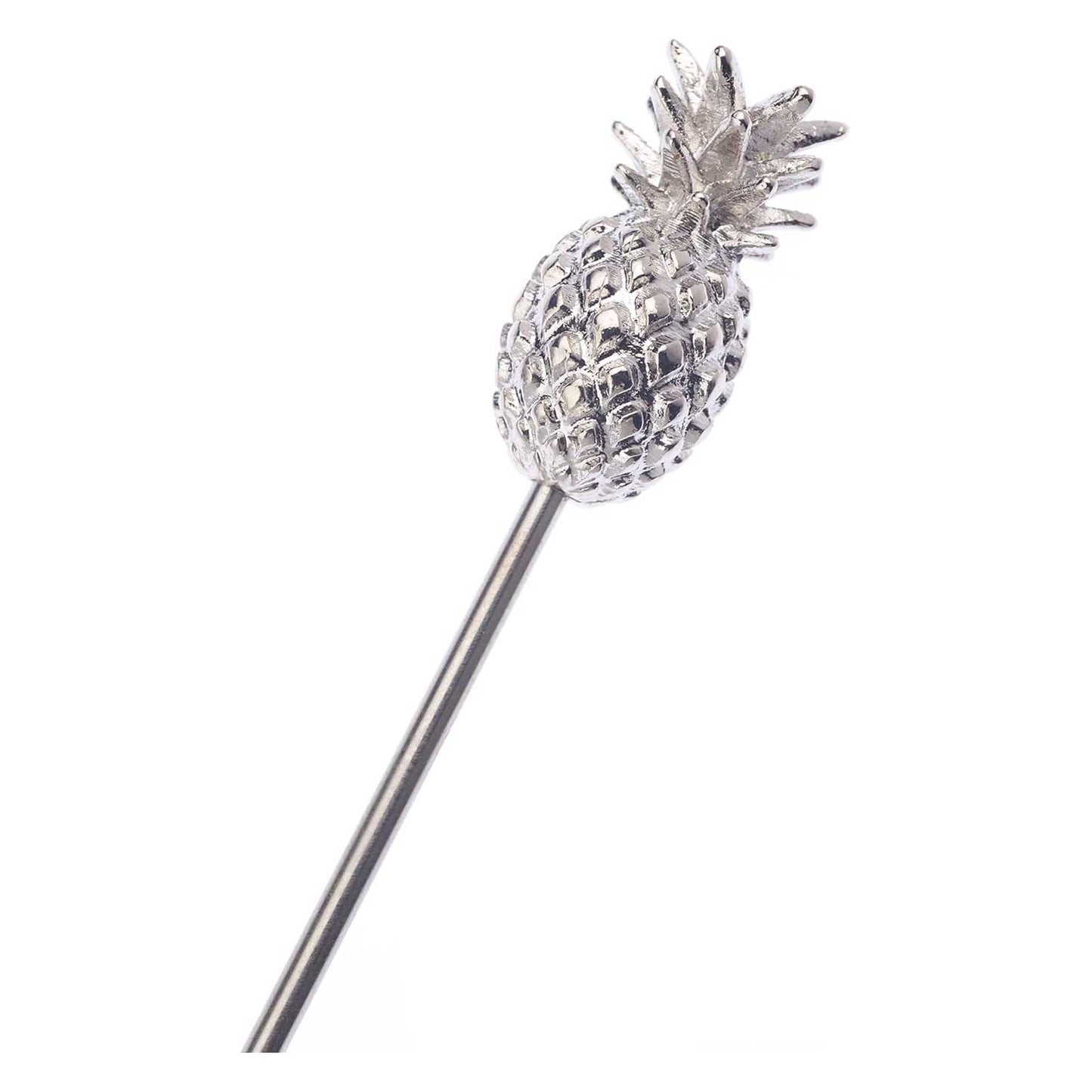 A close-up of the 4.5 inch Stainless Steel Barfly Cocktail Pick, with a Pineapple on the end on a white background.