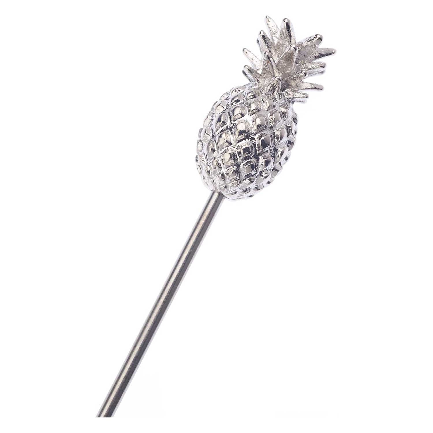 A close-up of the 4.5 inch Stainless Steel Barfly Cocktail Pick, with a Pineapple on the end on a white background.