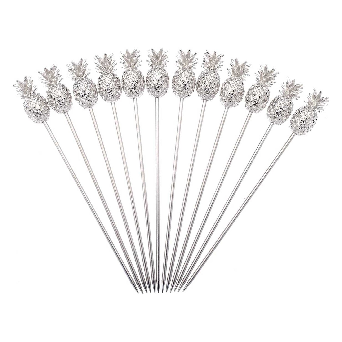 A set of 12 of the 4.5 inch Stainless Steel Barfly Cocktail Pick, with a Pineapple on the end on a white background.