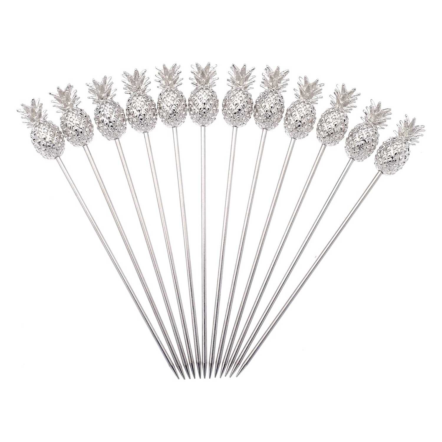 A set of 12 of the 4.5 inch Stainless Steel Barfly Cocktail Pick, with a Pineapple on the end on a white background.