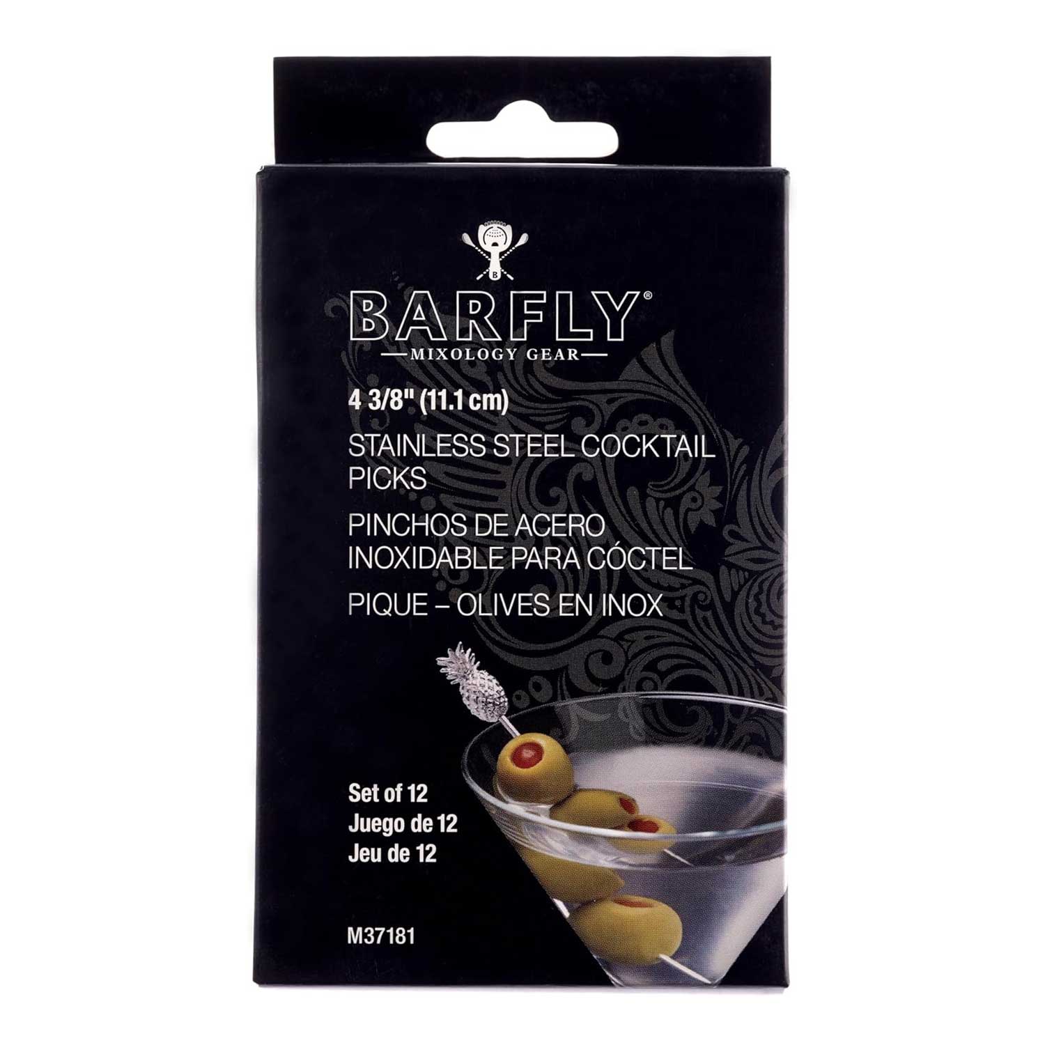 The front of a product box of the 4.5 inch Stainless Steel Barfly Cocktail Pick, with a Pineapple on the end on a white background.