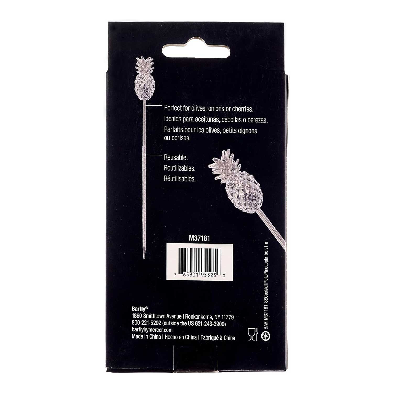 The back of a product box of the 4.5 inch Stainless Steel Barfly Cocktail Pick, with a Pineapple on the end on a white background.