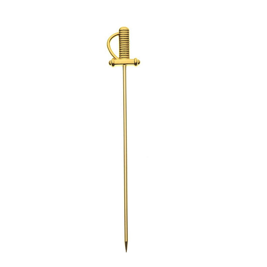 A 4.5 inch Gold Plated Barfly Cocktail Pick, with a Sword top on a white background.