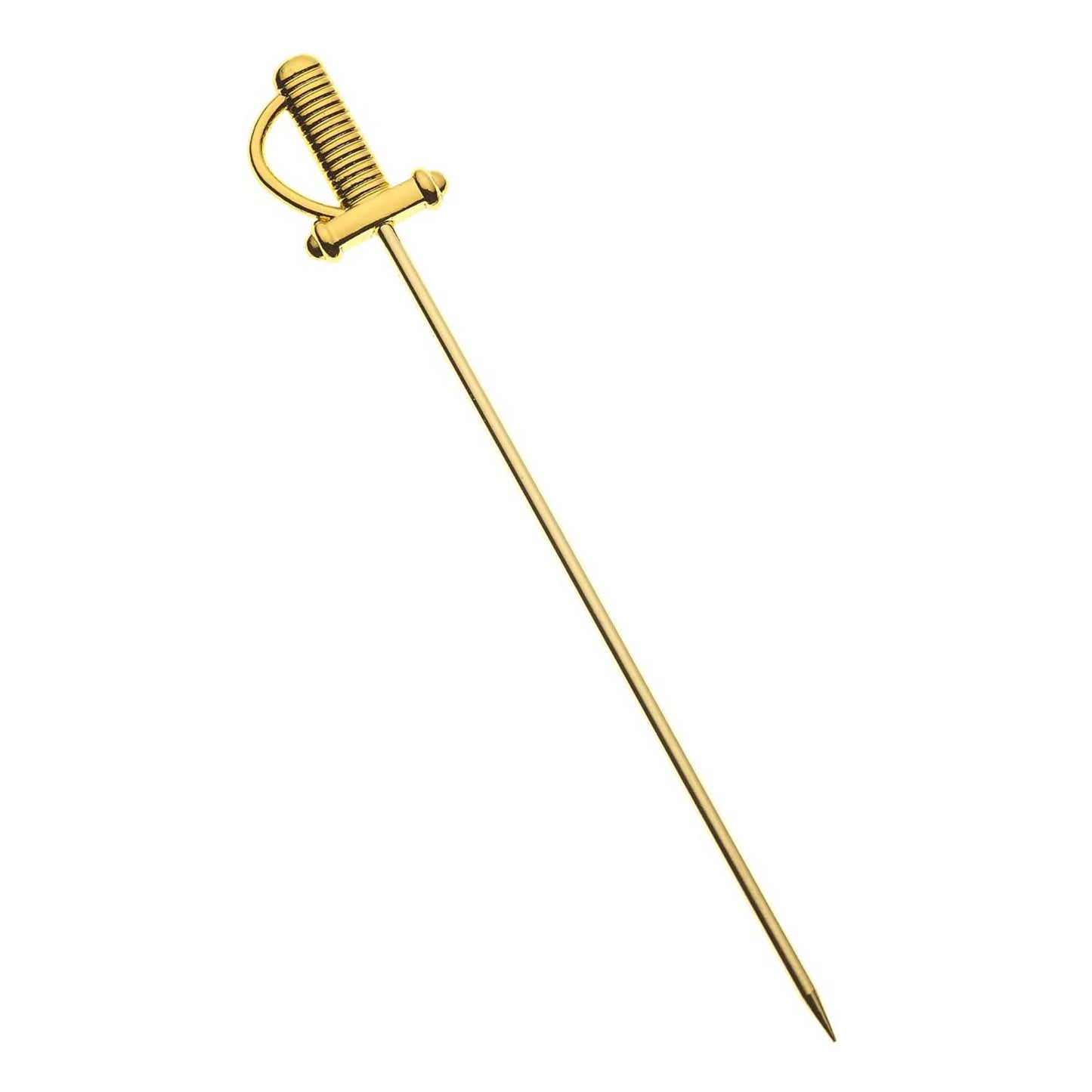 A 4.5 inch Gold Plated Barfly Cocktail Pick, with a Sword top on a white background.