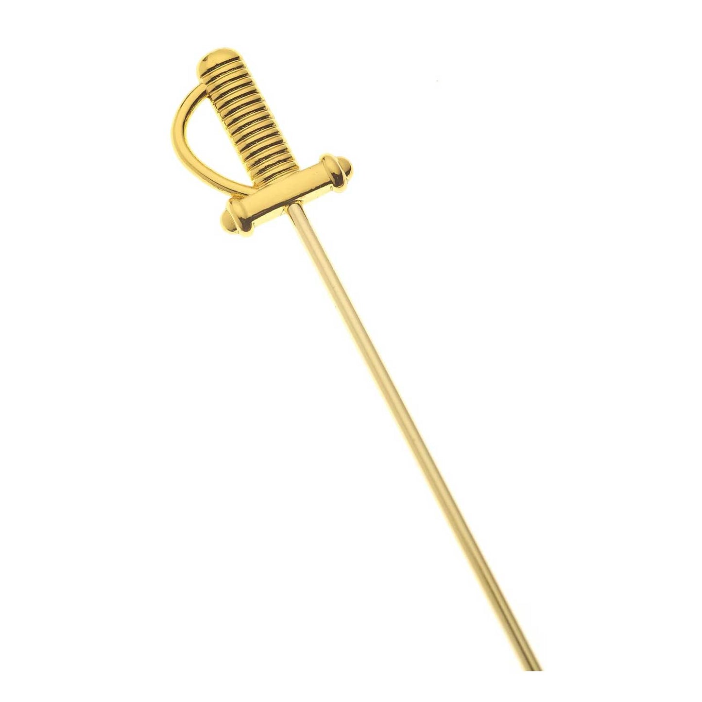 A 4.5 inch Gold Plated Barfly Cocktail Pick, with a Sword top on a white background.