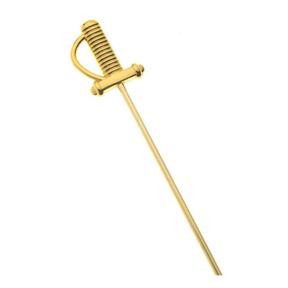 A 4.5 inch Gold Plated Barfly Cocktail Pick, with a Sword top on a white background.