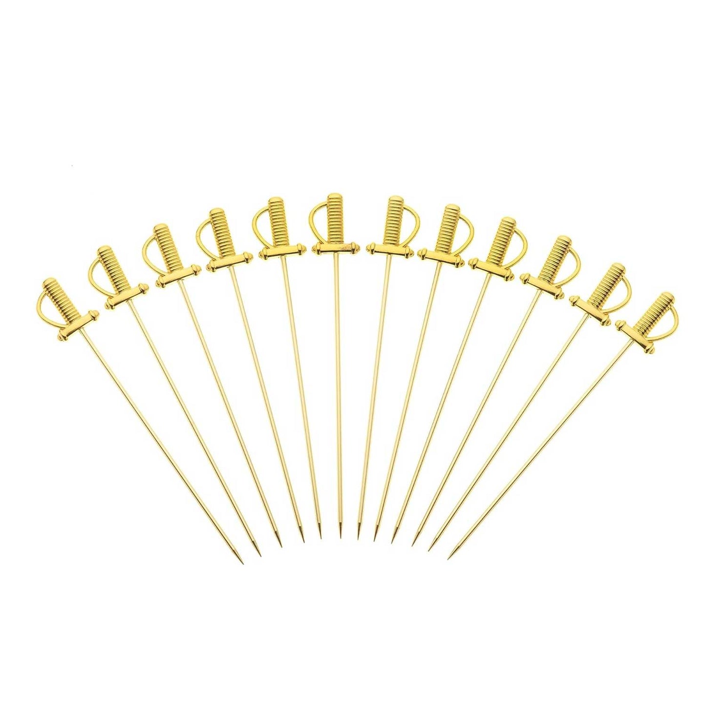 The 12-set of a 4.5 inch Gold Plated Barfly Cocktail Pick, with a Sword top on a white background.