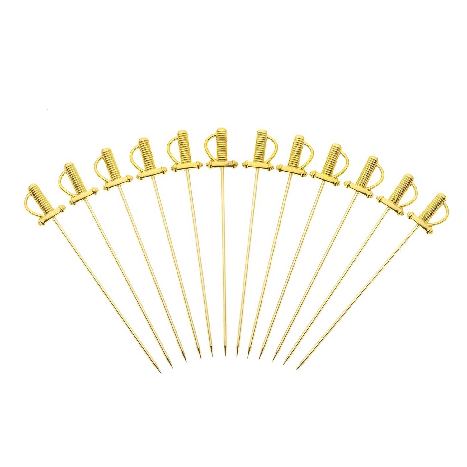 The 12-set of a 4.5 inch Gold Plated Barfly Cocktail Pick, with a Sword top on a white background.