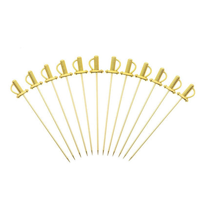 The 12-set of a 4.5 inch Gold Plated Barfly Cocktail Pick, with a Sword top on a white background.