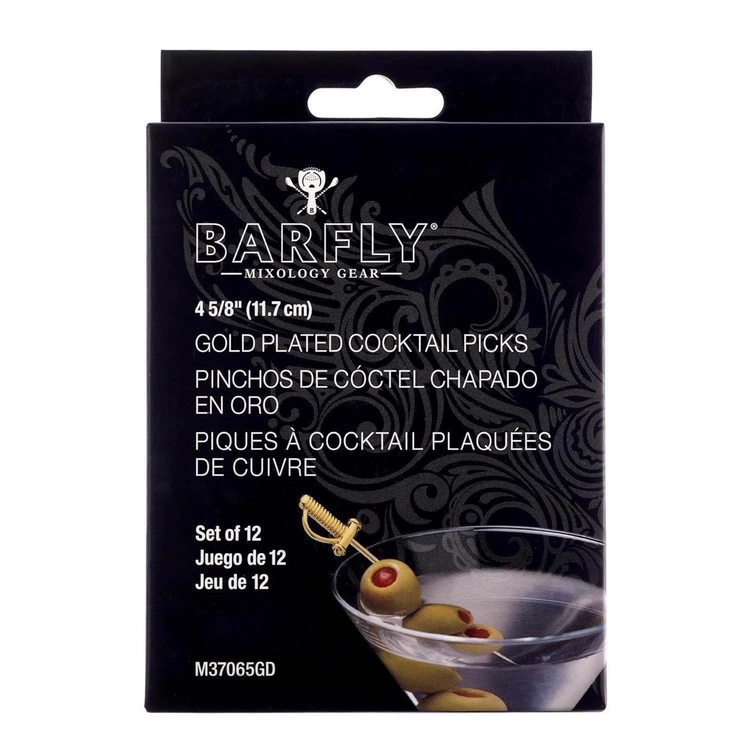 The front of a product box of the 4.5 inch Gold Plated Barfly Cocktail Pick, with a Sword top on a white background.