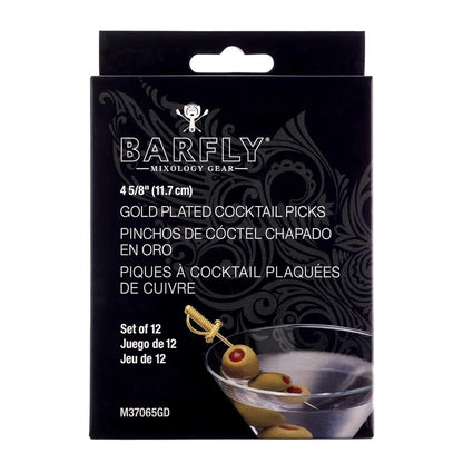The front of a product box of the 4.5 inch Gold Plated Barfly Cocktail Pick, with a Sword top on a white background.