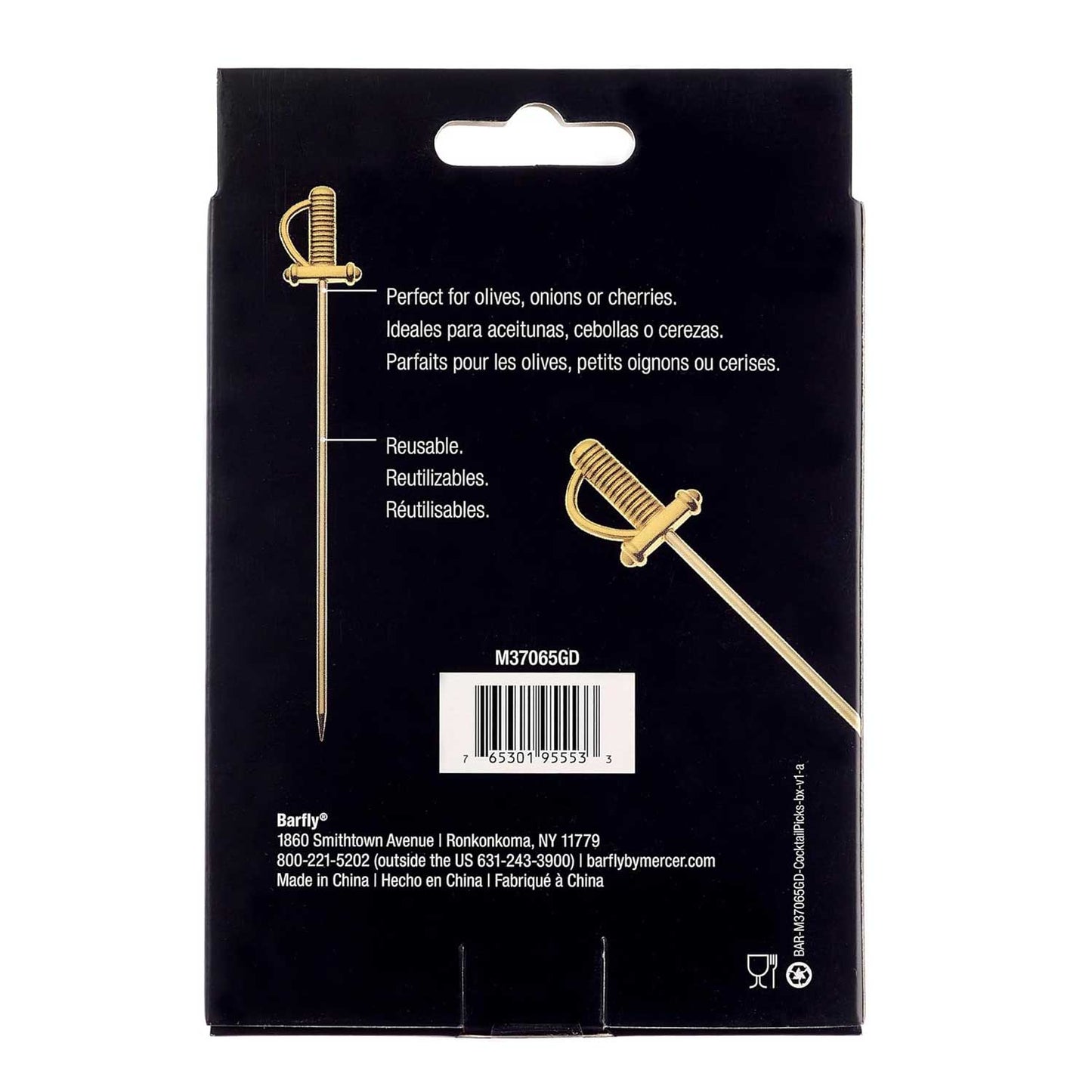 The back of a product box of the 4.5 inch Gold Plated Barfly Cocktail Pick, with a Sword top on a white background.