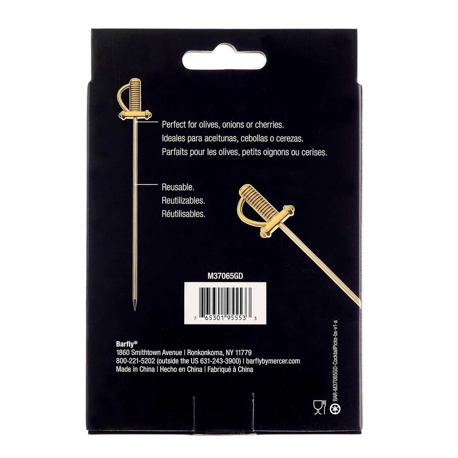 The back of a product box of the 4.5 inch Gold Plated Barfly Cocktail Pick, with a Sword top on a white background.