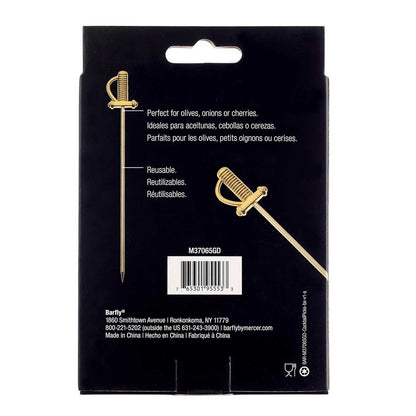 The back of a product box of the 4.5 inch Gold Plated Barfly Cocktail Pick, with a Sword top on a white background.