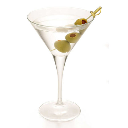 A clear martini in a stemmed glass, garnished with green olives skewered on a 4.5 inch Gold Plated Barfly Cocktail Pick, with a Sword top.