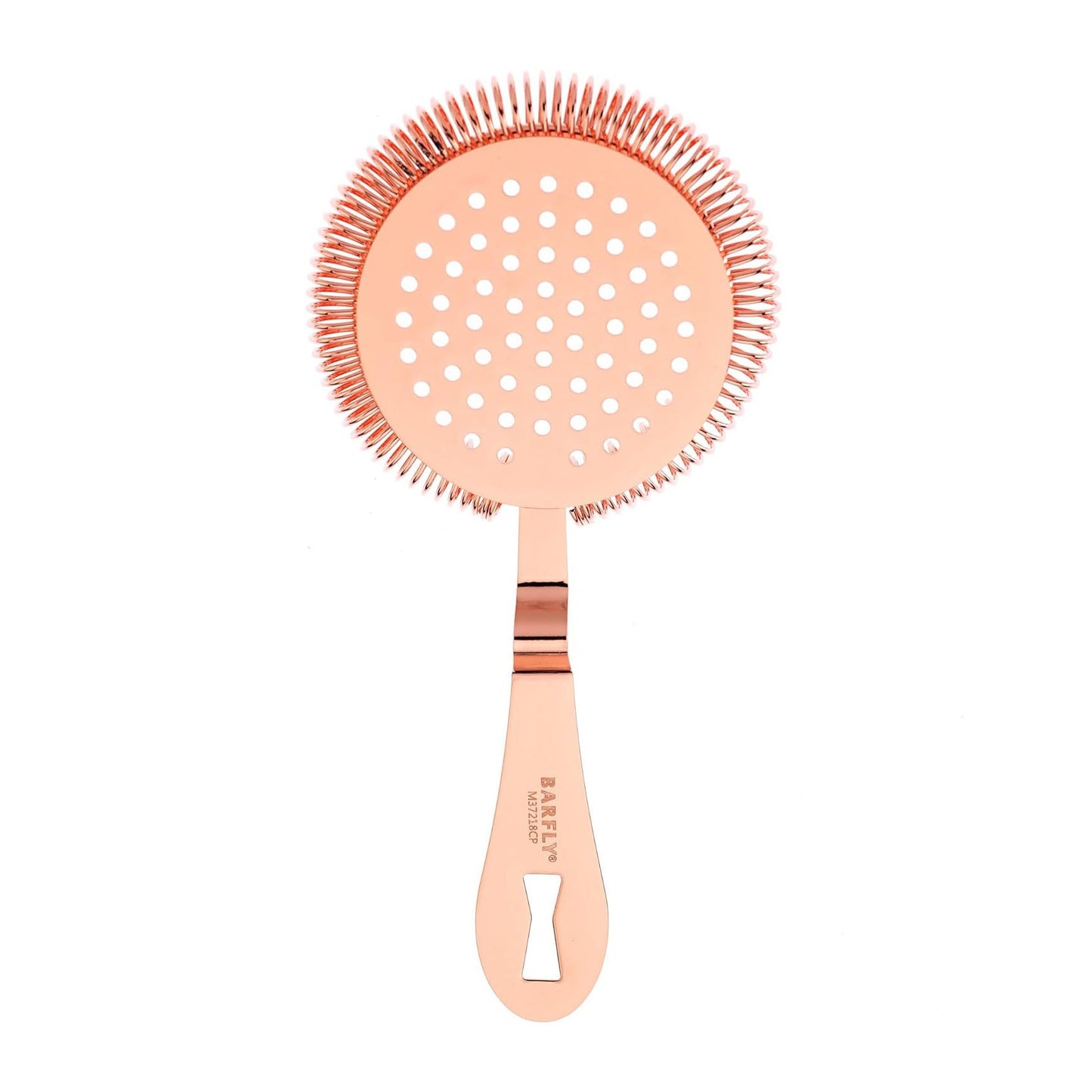 A Copper plated Barfly Deluxe Antique Hawthorne Spring Strainer on a white background