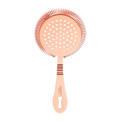 A Copper plated Barfly Deluxe Antique Hawthorne Spring Strainer on a white background