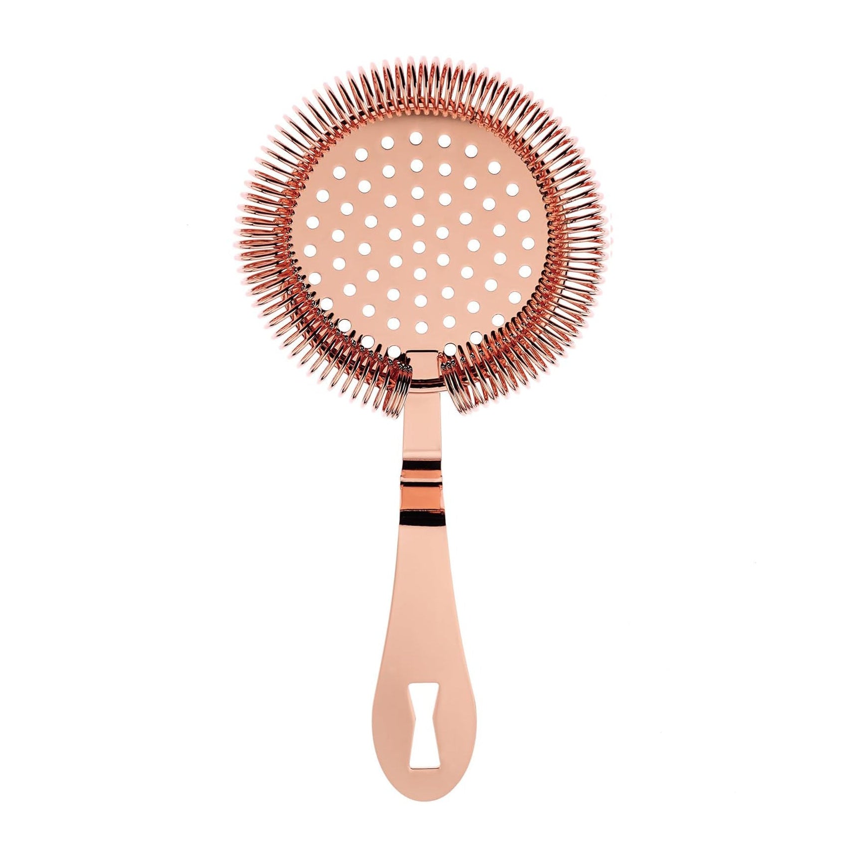 A Copper plated Barfly Deluxe Antique Hawthorne Spring Strainer on a white background