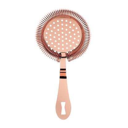 A Copper plated Barfly Deluxe Antique Hawthorne Spring Strainer on a white background