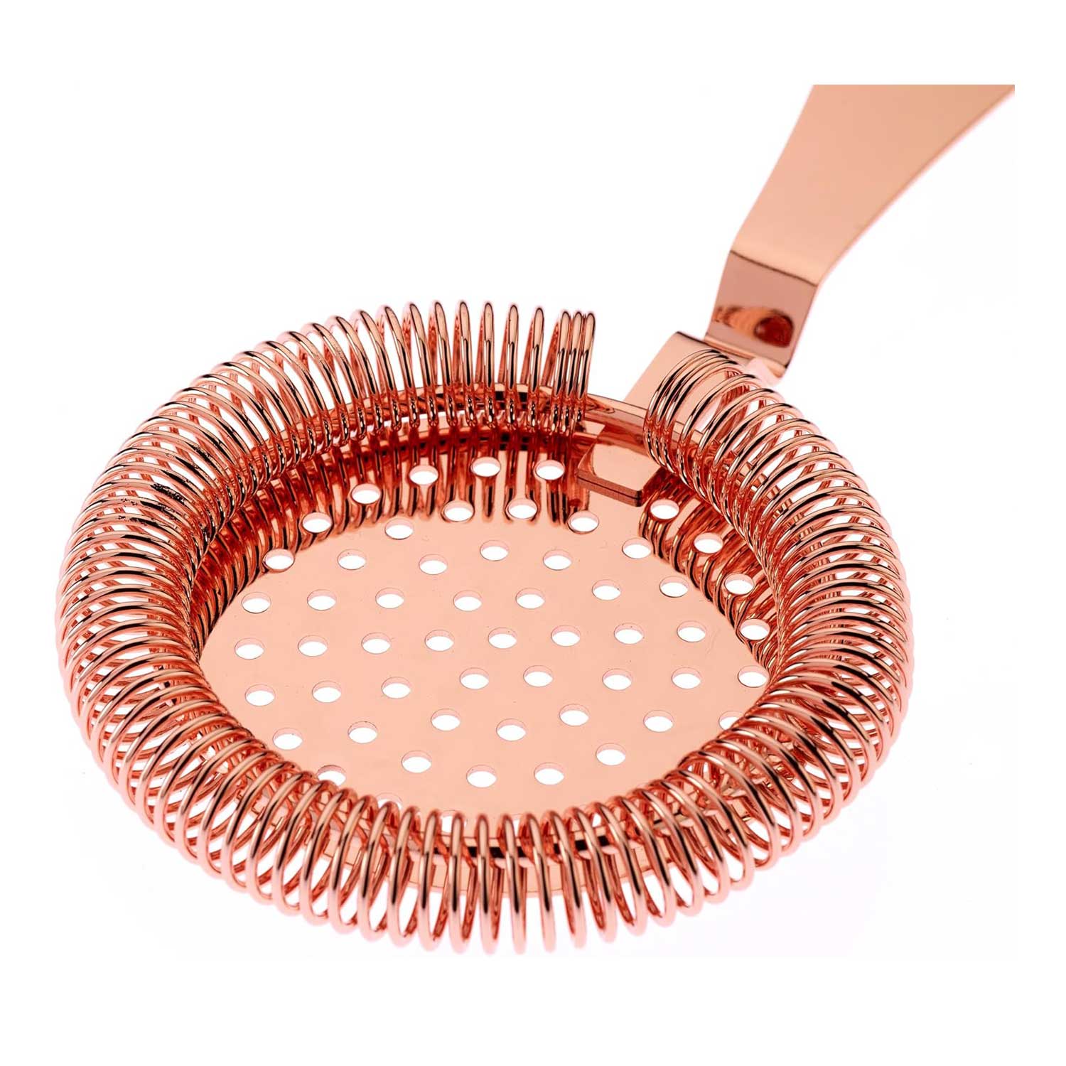 A Copper plated Barfly Deluxe Antique Hawthorne Spring Strainer on a white background
