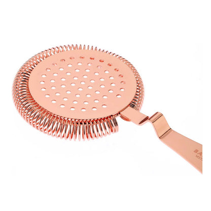A Copper plated Barfly Deluxe Antique Hawthorne Spring Strainer on a white background