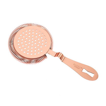 A Copper plated Barfly Deluxe Antique Hawthorne Spring Strainer on a white background