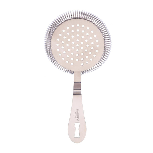 A stainless steel Barfly Deluxe Antique Hawthorne Spring Strainer on a white background