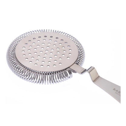 A stainless steel Barfly Deluxe Antique Hawthorne Spring Strainer on a white background