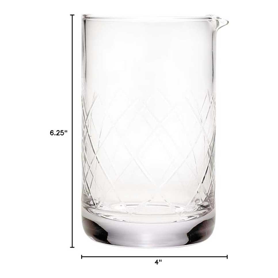 Measurements of a Barfly Drink Mixing Glass, 24oz, 700ml with diamond pattern on a white background